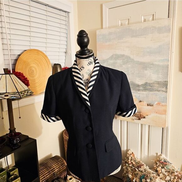 Vtg Navy Blue Kasper Notched Collar Pin Stripe Business Casual Short Sleeve Blaz - Picture 3 of 13